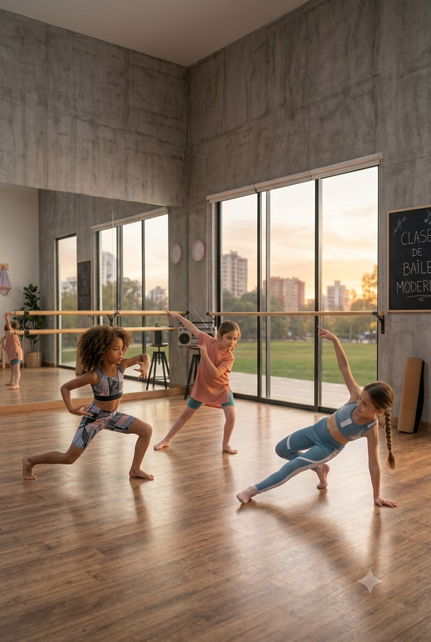 Niñas practicando danza urbana en un estudio con espejos.